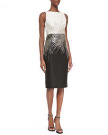 Carolina Herrera Mikado Two-Tone Beaded Cocktail Dress IvoryBlack at Neiman Marcus