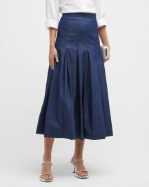 Carolina Herrera Pleated Thigh-Slit Denim Midi Skirt at Neiman Marcus