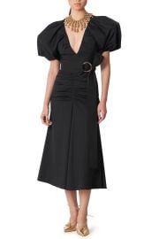 Carolina Herrera Plunging Puff-Sleeve Ruched Midi Dress at Neiman Marcus