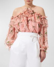 Carolina Herrera Rose Halter Ruffle Long-Sleeve Silk Top at Neiman Marcus