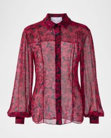 Carolina Herrera Rose-Print Classic Button-Down Blouse at Neiman Marcus