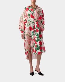 Carolina Herrera Rose Print Oversized Self Belt Midi Shirt Dress at Neiman Marcus