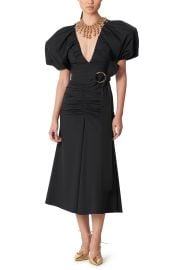 Carolina Herrera Ruched Belted Puff Sleeve Cotton Blend Dress in Black  at Nordstrom