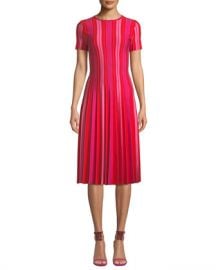 Carolina Herrera Short-Sleeve Striped Knit Pleated Dress at Neiman Marcus