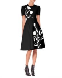 Carolina Herrera Short-Sleeve Tulip-Jacquard Fit-and-Flare Dress at Neiman Marcus