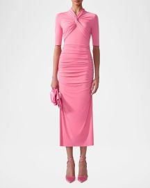 Carolina Herrera Twisted-Neck Ruched Midi Dress at Neiman Marcus