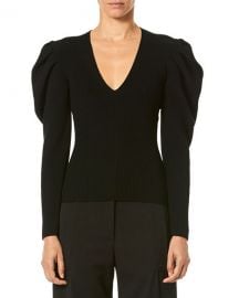 Carolina Herrera V-Neck Puff-Sleeve Fitted Knit Pullover Sweater at Neiman Marcus