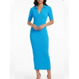 Caroline Constas Teal Blue Ribbed Polo Midi Dress... at Depop