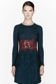 Carven Teal Lace Insert Sweater at SSENSE