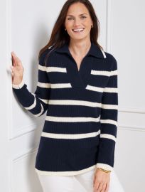 Cashmere Johnny Collar Pullover - Placed Stripe Talbots at Talbots