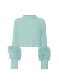 Cashmere Silk Cropped Raglan Sweater With Marabou Feathers in Seafoam LAPOINTE at LAPointe