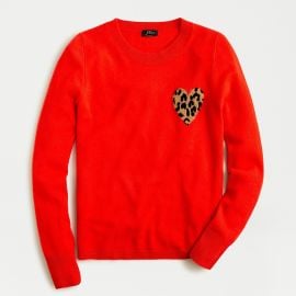 Cashmere crewneck sweater with leopard heart at J. Crew