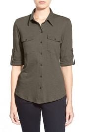 Caslon Roll Sleeve Cotton Knit Shirt in Olive at Nordstrom