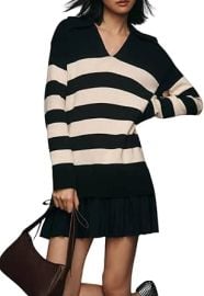 Casual Striped Sweater Dresses Long Sleeve Polo V Neck Pleated Mini Dress at Amazon