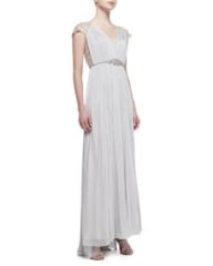 Catherine Deane Jewel-Belted Silk Lace-Sleeve Gown at Neiman Marcus