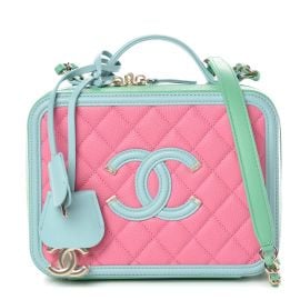 Caviar Quilted Medium CC Filigree Vanity Case Pink Green Blue at Fashionphile