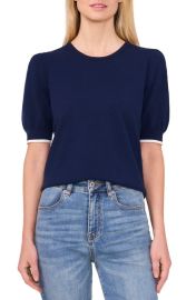 CeCe Contrast Edge Puff Sleeve Cotton Sweater at Nordstrom