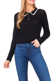 CeCe Contrast Trim Pointelle Cotton Polo Sweater at Nordstrom