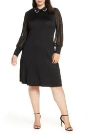 CeCe Embellished Collar Sheer Sleeve Sweater Cotton Blend Dress at Nordstrom