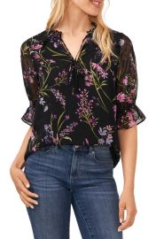 CeCe Floral Ruffle Tie Neck Top at Nordstrom