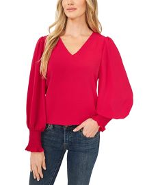 CeCe Long Sleeve V- Neck Blouse w Smocked Cuff  com at Zappos