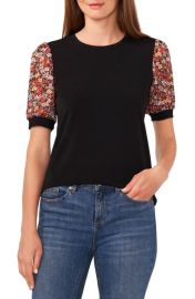 CeCe Mixed Media Floral Puff Sleeve Top at Nordstrom