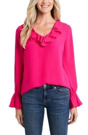 CeCe Ruffle Detail V-Neck Blouse in Aurora Pink at Nordstrom  at Nordstrom