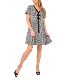 CeCe Tweed V-Neck Short Sleeve Pleated Bow Dress Dillardx27s at Dillards