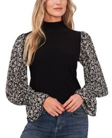 CeCe Womens Long Sleeve Mixed Media Mock-Neck Knit Top - Macys at Macys