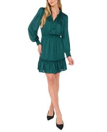 CeCe Womens Printed Tie-Neck Long-Sleeve Smocked-Waist Dress - Macys at Macys