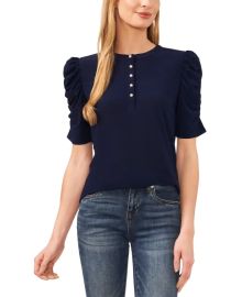 CeCe Womens Ruched Puff-Sleeve Henley Knit Top - Macys at Macys