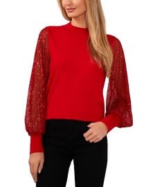 CeCe Womens Sheer-Sequin-Sleeve Mock-Neck Cotton Sweater - Macys at Macys