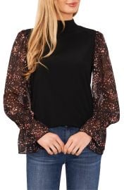 Cece Long Sleeve Mixed Media Mock Neck Knit Top at Nordstrom