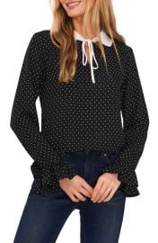 Cece Polka Dot Tie Collar Ruffle Cuff Blouse in Rich Black at Nordstrom