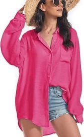 Century Star Pink Shirts for Womens Pink Tops Button Down Linen Shirts Vacation Outfits Loose Fit Long Sleeve Casual Oversize Collared Blouse Hot Pink One Size at Womens Clothing store at Amazon