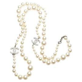 Chanel 5 Silver CC Crystal Faux Pearl Long Necklace For Sale at 1stDibs faux chanel necklace chanel long pearl necklace chanel 1 of 5 pearls at 1st Dibs