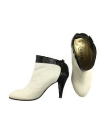 Chanel Ankle White Leather with Black Patent Trim BootsBooties at Tradesy