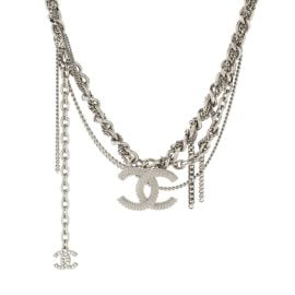 Chanel CC Tangled Multi Chain Choker Necklace Metal with Crystals Silver 2095802 at Rebag