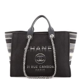 Chanel Deauville Tote Canvas with Striped Detail Medium Black 663771 at Rebag