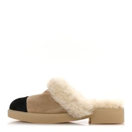 Chanel Suede Shearling CC Cap Toe Mules 41 Beige Black at Fashionphile