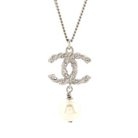 Chanel Twisted CC Pendant Necklace Metal with Crystals and Faux Pearl Silver 191417194 at Rebag