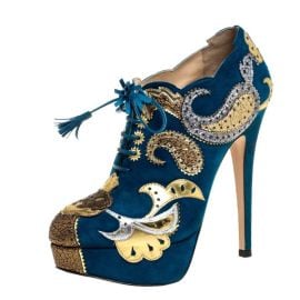 Charlotte Olympia Blue Suede Leather Flower Detail Platform Booties at The Luxury Closet