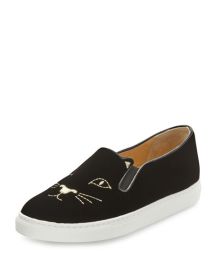 Charlotte Olympia Cool Cats Velvet Slip-On Sneaker Black at Neiman Marcus