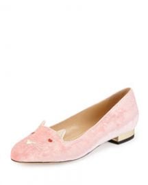 Charlotte Olympia Lovestruck Kitty Velvet Slipper Pink at Neiman Marcus