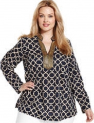 Charter Club Plus Size Top Long-Sleeve Printed Beaded Tunic in Blue at Macys