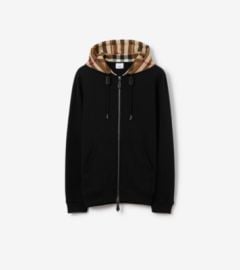 Check Hood Cotton Blend Zip Hoodie in Blackbirch brown - Men Official at Burberry