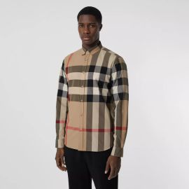 Check Stretch Cotton Poplin Shirt in Archive Beige - Men   United States at Burberry