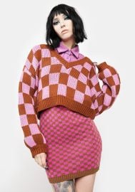 Checkerboard V Neck Cropped Sweater - ChocolatePink Dolls Kill at Dolls Kill