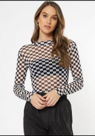 Checkered Print Mesh Mock Neck Top at Rue 21