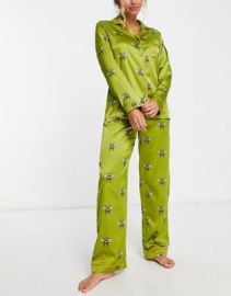 Chelsea Peers premium satin bee print button top and pants pajama set in olive at ASOS